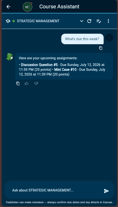 TaskGator answering what is due this week with real assignments, due dates, and point values