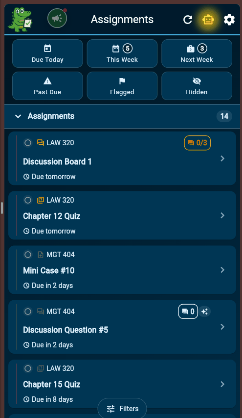TaskGator side panel listing upcoming Canvas assignments with due dates, filters, and discussion progress